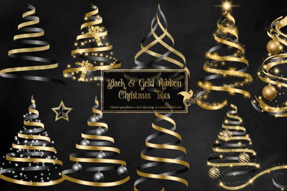 Black and Gold Ribbon Christmas Trees: Premium Illustrations