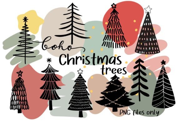 Boho Christmas Trees Clipart: Premium Illustrations