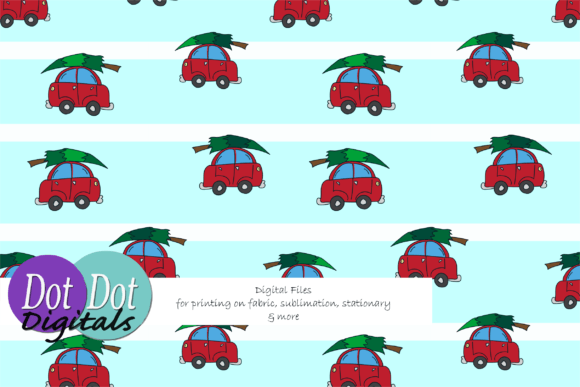 Car Christmas Tree on Blue White Stripe: Festive Illustrations