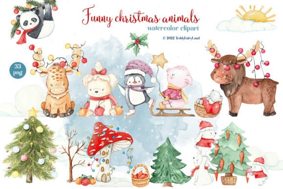 Funny Christmas Animals: Sublimation PNG Illustrations