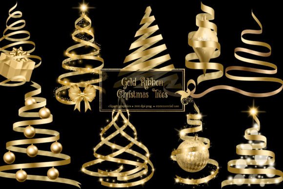 Gold Ribbon Christmas Trees Clipart: Premium Illustrations
