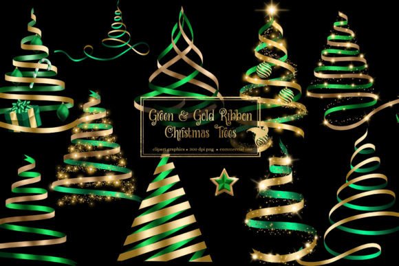 Green and Gold Ribbon Christmas Trees: Premium Illustrations