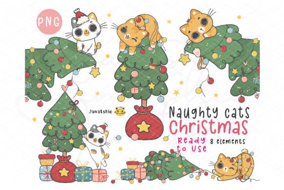 Kawaii Christmas Cats on Tree: Festive Illustrations