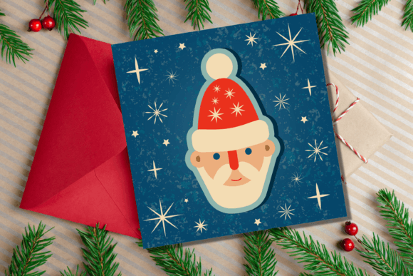 Retro Christmas Card with Santa Claus Illustrations