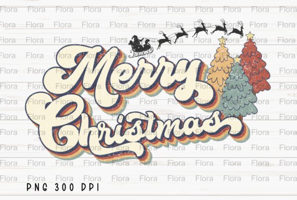 Retro Merry Christmas Tree Groovy PNG for Illustrations